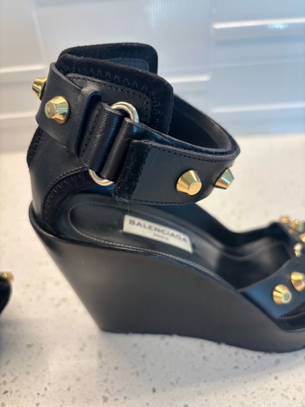 Balenciaga Black Leather Gold-Stud Platform Sandals - Picture 9 of 10